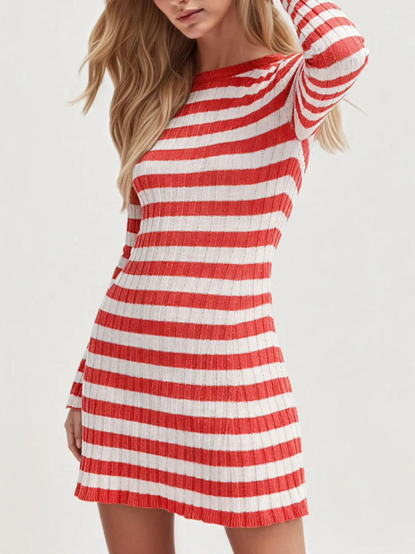 Striped Ribbed Knit Long Sleeve Sweater Dress
