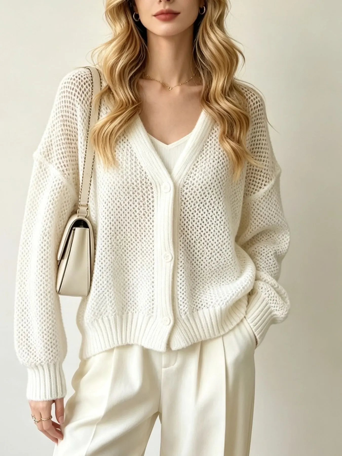 V-Neck Open-Knit Button-Down Cardigan