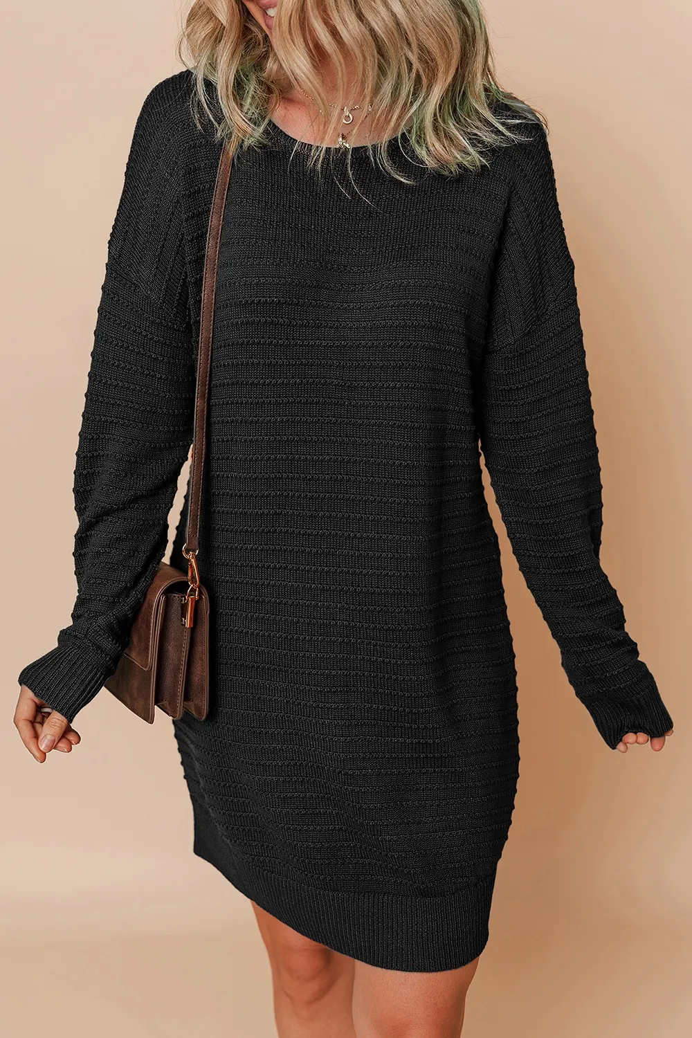 Solid Color Raised Rib Knit Dolman Sleeve Shift Sweater Dress