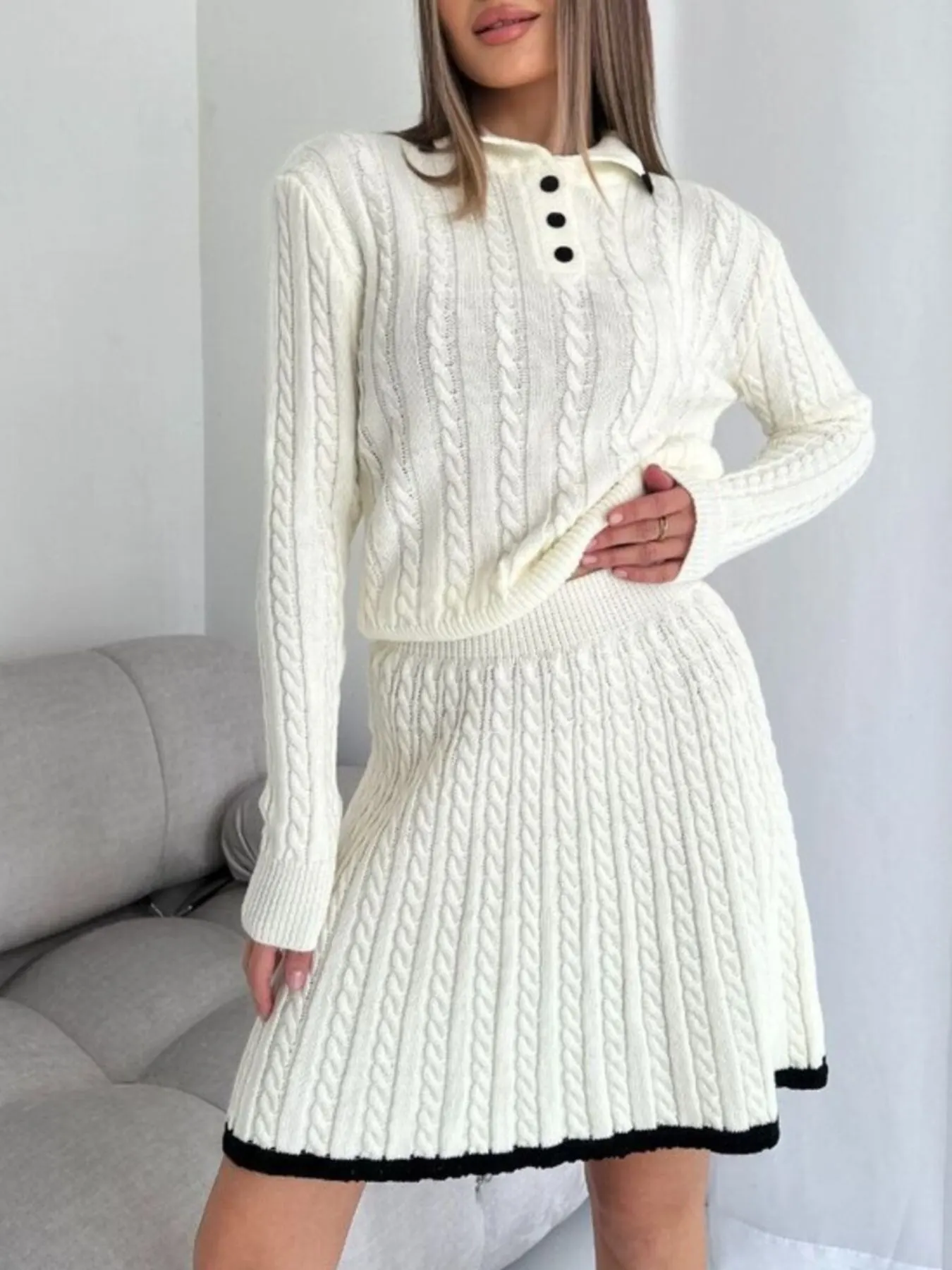 Cable Knit Long Sleeve Top and Skirt Sweater Set