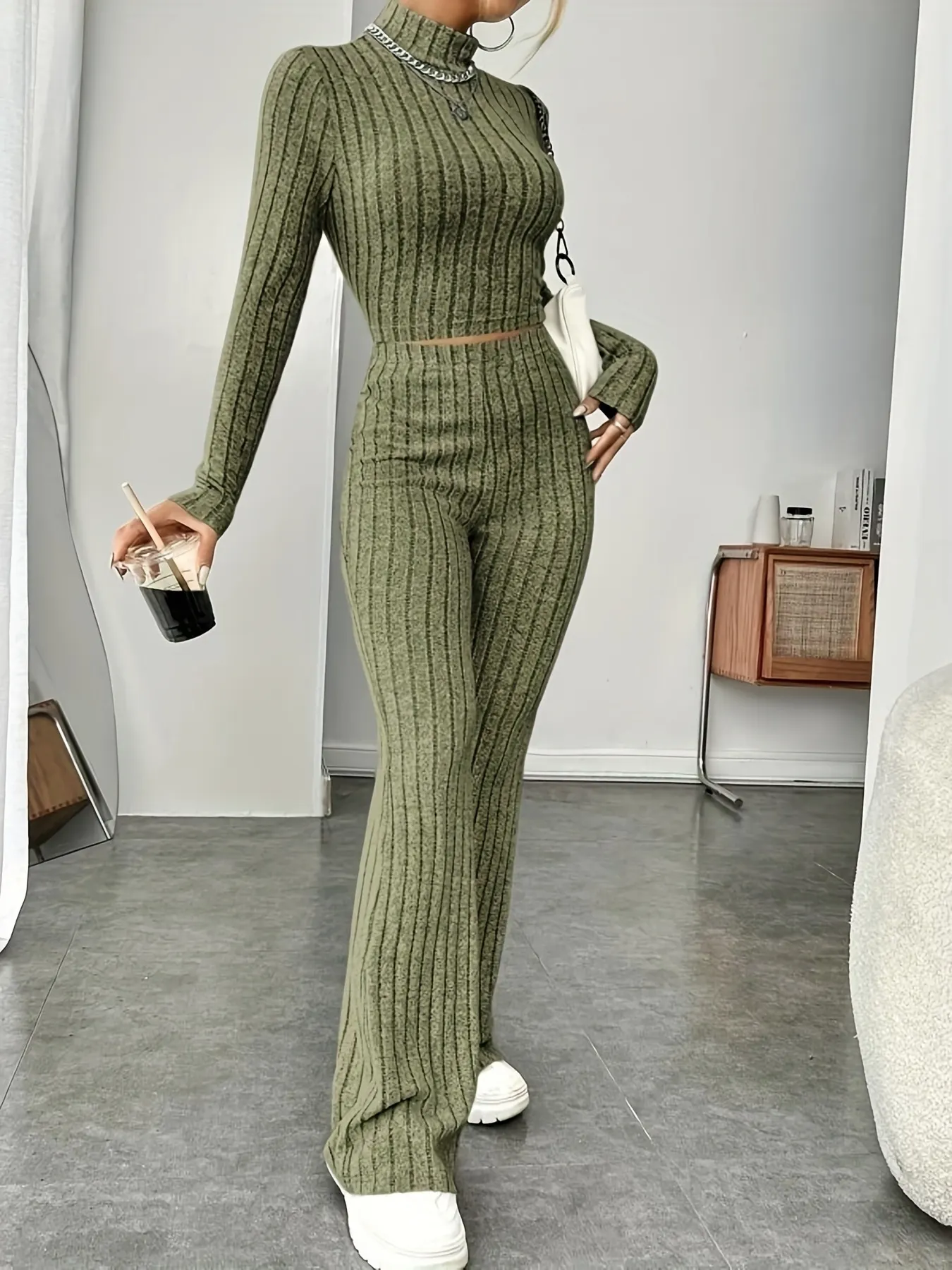 Ribbed Turtleneck Crop Top and Flare Pants Sweater Set