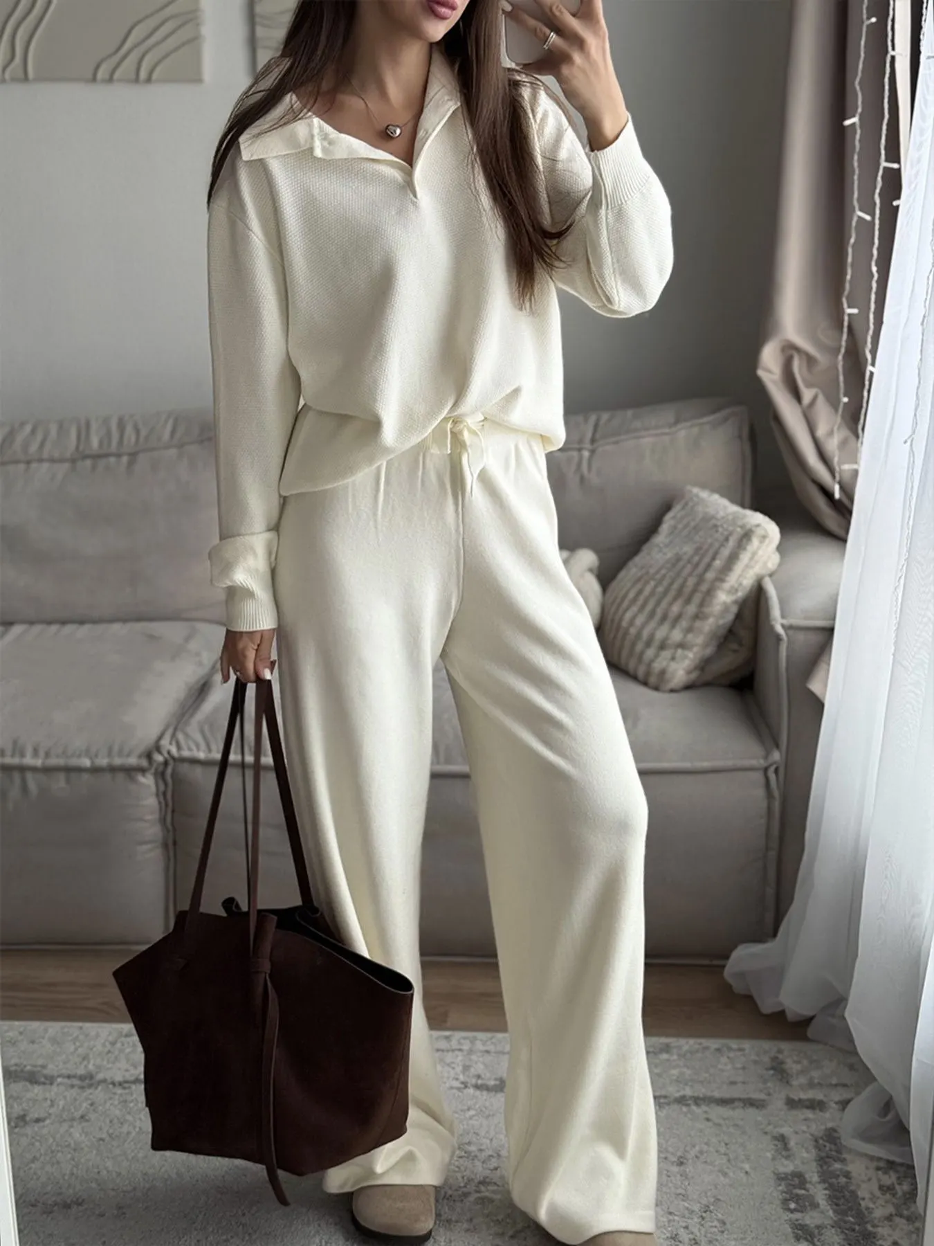 Polo Collar Top and Pants or Skirt Knit Set