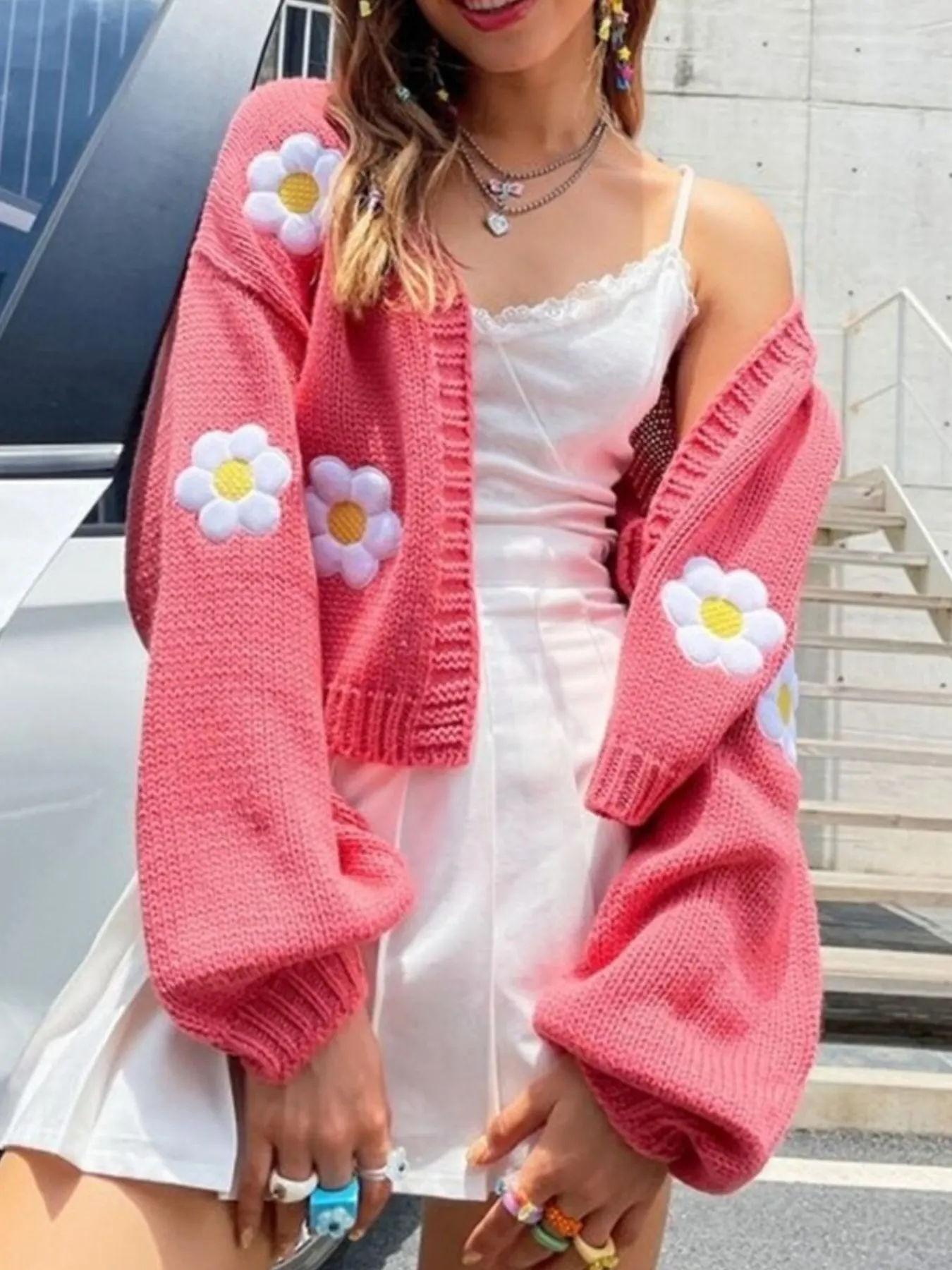 Floral Open Front Knit Cardigan