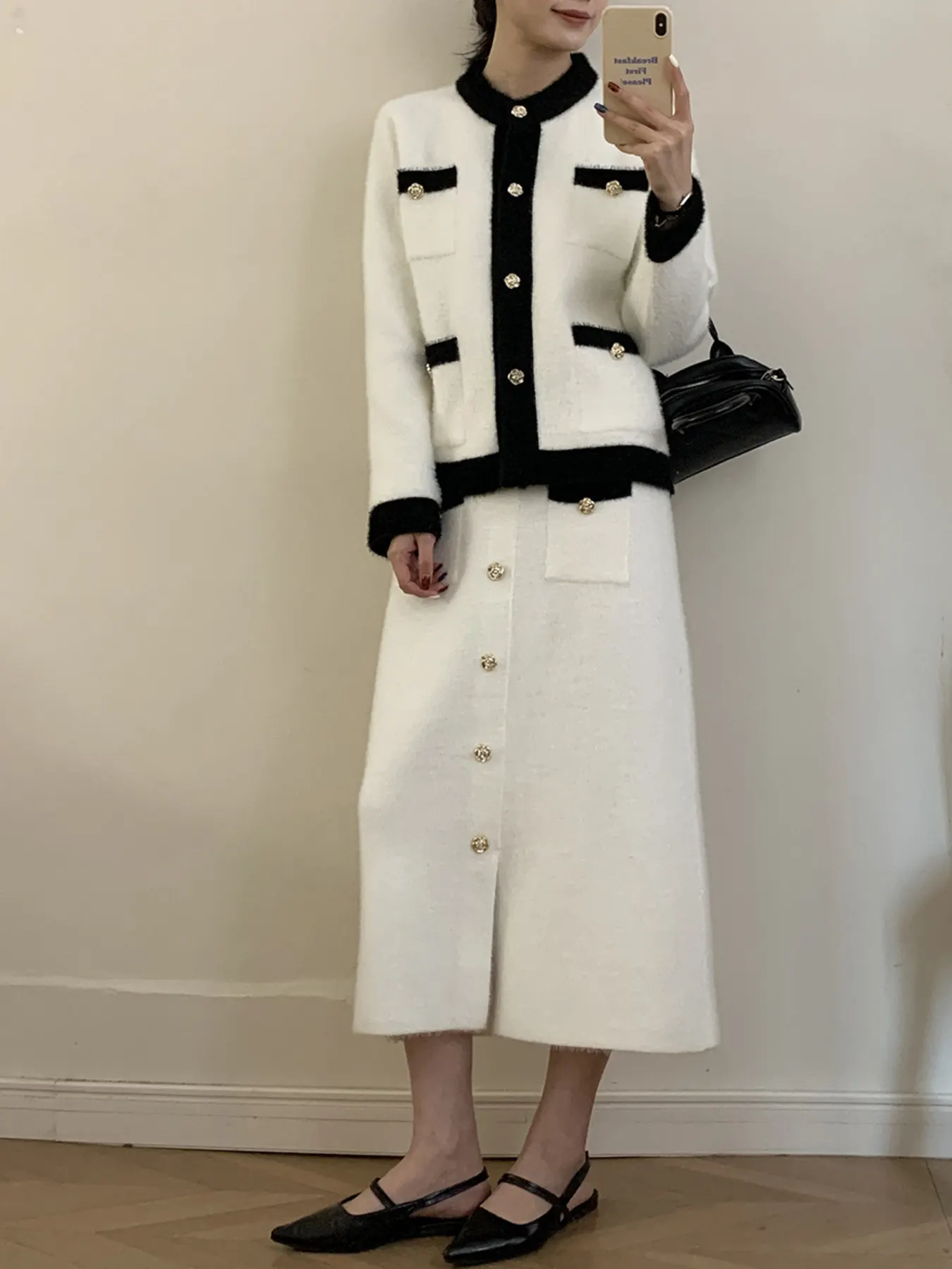 Contrast Trim Jacket and Skirts Sweater Set